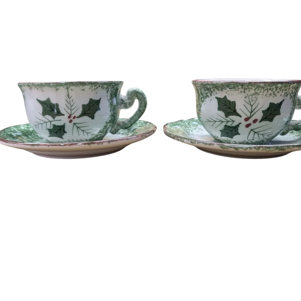 Festive Green White Holly Mistletoe Teacup Set Matching Cups Saucers Coffee Tea